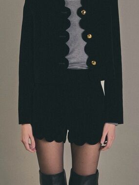 High-Waist Scallop Velvet Shorts - Black